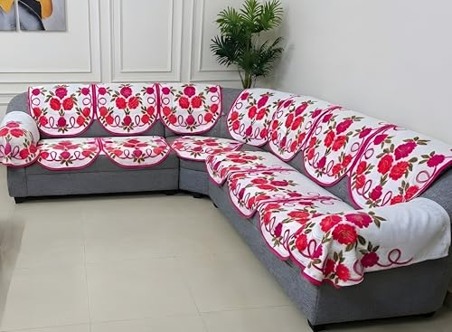 Image of Fab Nation Sofa Cover L Shape 7 Seater with Corner L Type Fully Covered Sofa Set for Living Room | Cotton Sofa Slipcovers for 4 + 3 Seaters Cover with 2 Arms | Pink