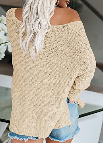 Image of Women's Off Shoulder Knit Sweaters Oversized V Neck Long Sleeve Loose Lightweight Pullover Tops