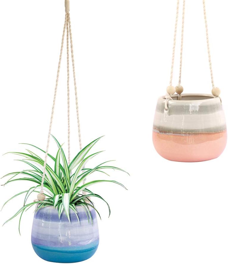 23 Bees Ceramic Hanging Planter | Blue Succulent Pot | Round Plant Holder Container | Cactus Pot with Cotton Rope Hanger | Indoor Outdoor Decor | 6" Diameter x 5" Height | 1 Pack x Blue Horizon