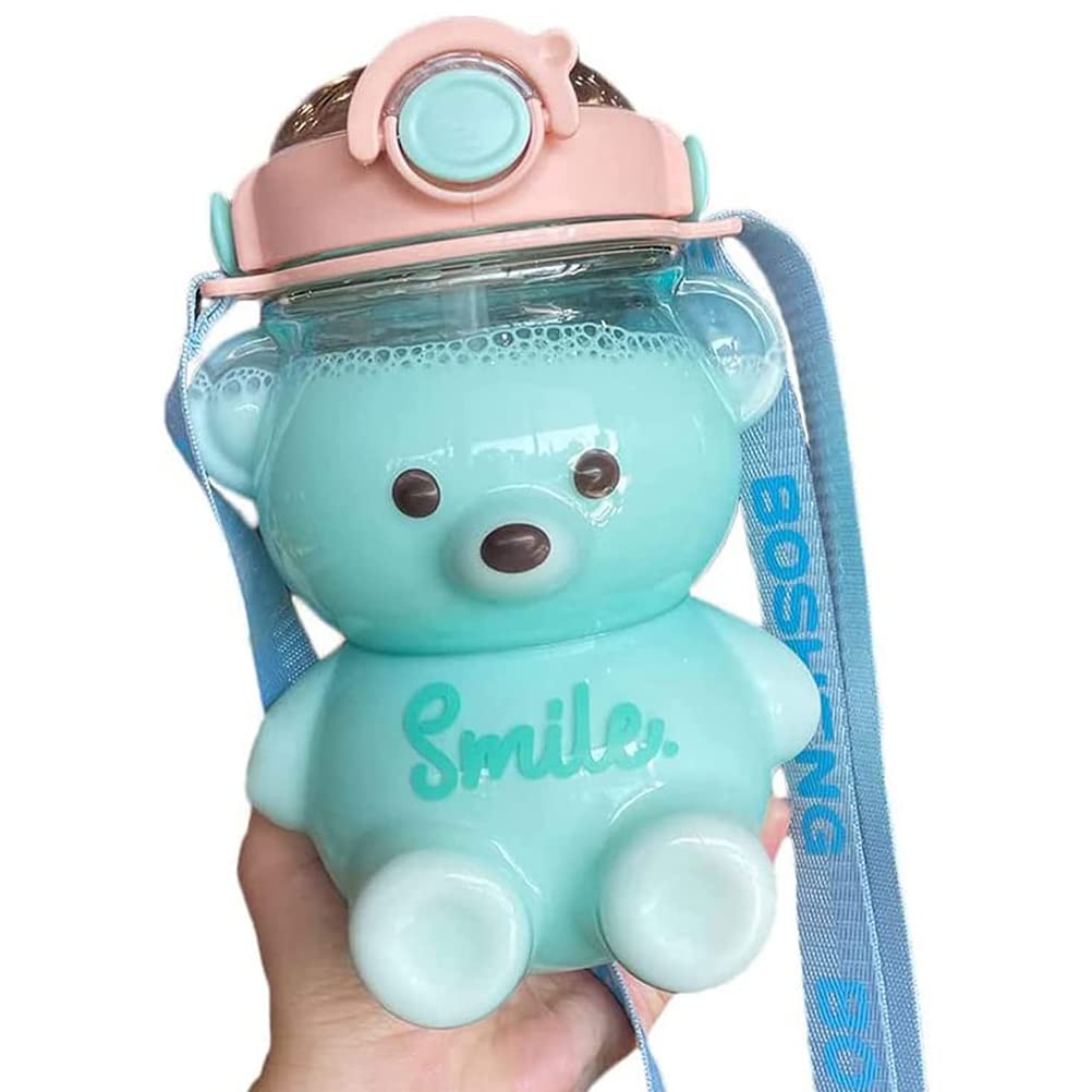 AVZYARDY Borraccia a Forma di Orso Kawaii con Cannuccia 1000/1400ml Borraccia a Forma di Orso Portatile a Tenuta Stagna Bottiglie d' Carine con Tracolla for Bambini Ragazze Donne Viaggi Scuo