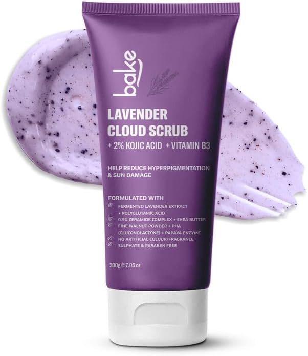 BAKE 2% Kojic Acid Lavender Body Scrub (200g) For Brightening, Tan Removal, Dark Spots & Pigmentation | Niacinamide & Ceramide Complex | Exfoliates & Brightens Underarms | Face Scrub with Walnut