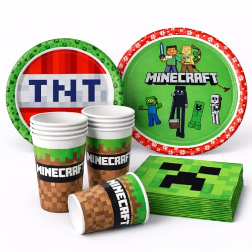 36-tlg. Party-Set * MINECRAFT * mit Pappteller + Servietten + Pappbecher für Kindergeburtstag und Mottoparty | Teller Becher Pixel Party Dekoration Geburtstag