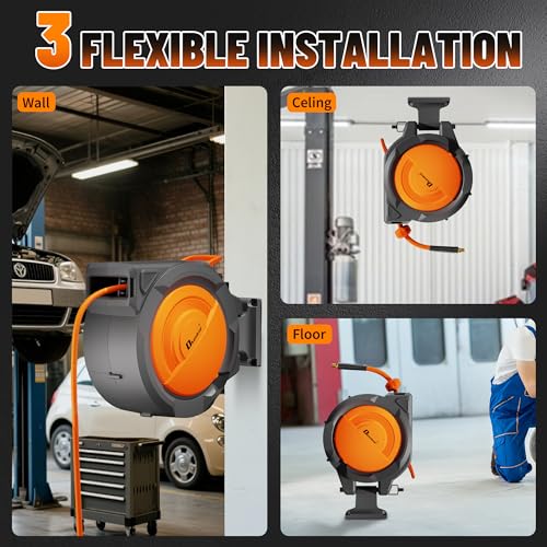 Dkenicor Retractable Air Hose Reel, 3/8\" x 120ft Hybrid Hose, Auto Rewind Enclosed Air Compressor Hose Reel with 180° Swivel Bracket, Max 300 PSI Any Length Lock for Garage & Workshop