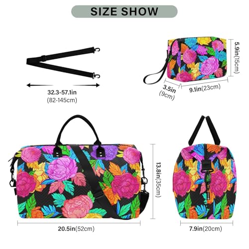 Colorful Floral Peony Foliage Travel Duffel Bag for Men Women with Makeup Bag Weekend Overnight Carry On Bags for Travel Weekend Getaway3