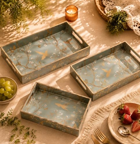 Image of Set of 3 Waterproof Lacquer Coated Wooden Trays - Humming Bird & Blossom Vintage Floral Design, Multipurpose MDF Serving Tray with Handles (16x10, 14x8, 12x6 Inches)(Setof3- SilverGoldBirds)