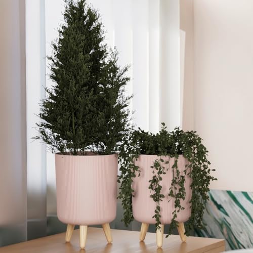 Image of StyleX Store Modern Flower Pot with Plastic Legs | Indoor Outdoor Planter for Home Garden Balcony Decor Ribbed Design Sturdy Plastic Mid-Century Style (Blush Pink Pack of 2)