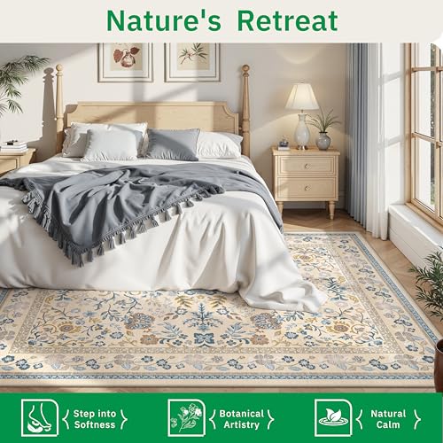 Tapete decorativo floral beige 5x7 pies lavable miniatura 4