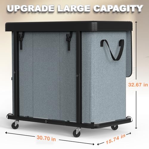 Image of 230L (60 Gal) Large Fashion Laundry Basket with Wheels, Leather Patchwork Laundry Sorter 3 Section, Sturdy Metal Frame, Removable Washable Bag, Tall Clothes Sorter for Bedroom - Gray