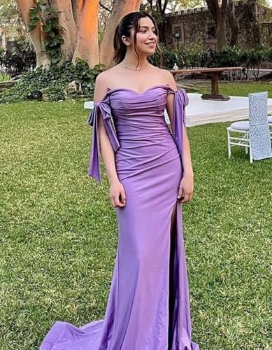 Women's Off Shoulder Bridesmaid Dresses Long Satin Mermaid Ruched Prom Formal Gowns with Slit F1303