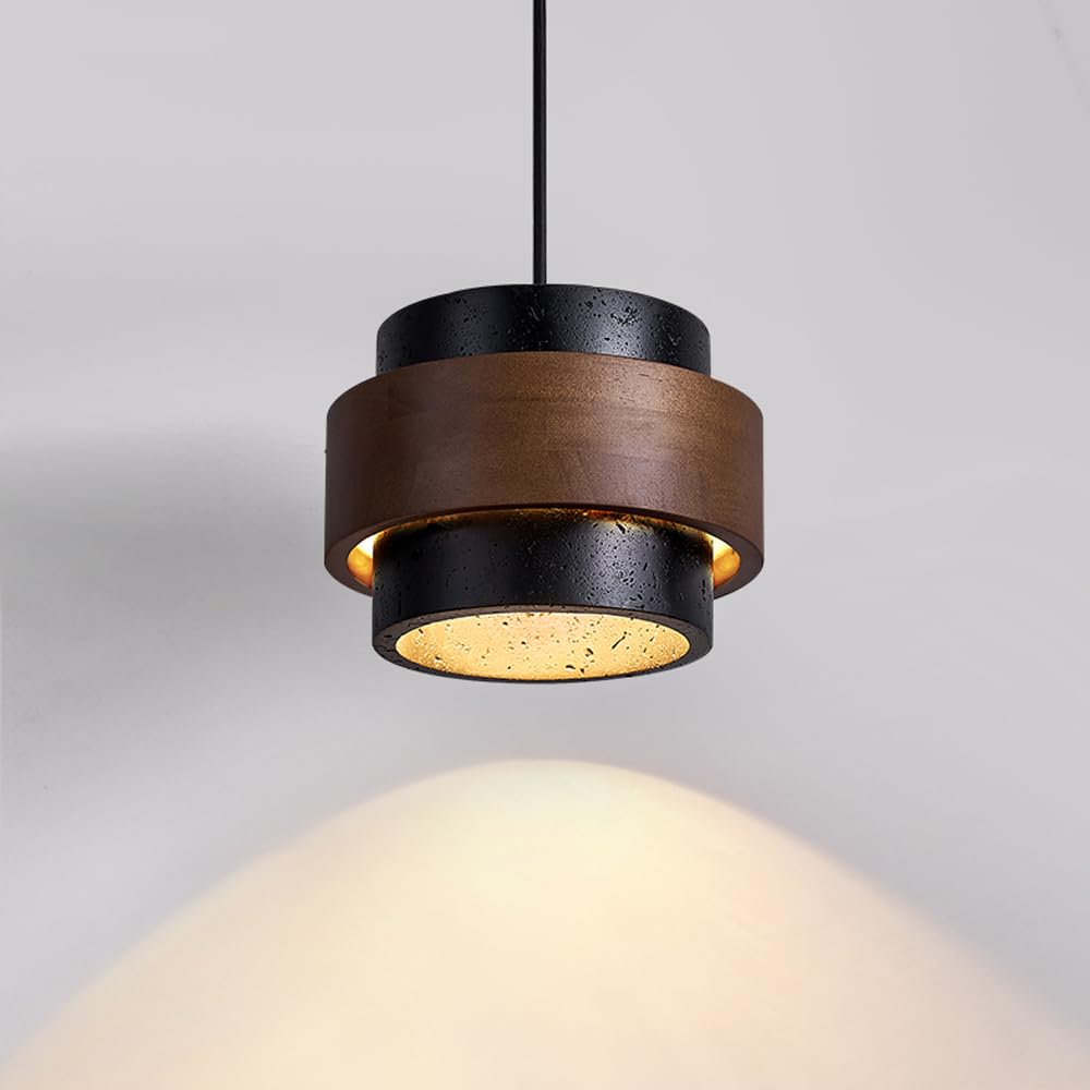 Lampe cylindrique suspendue en pierre noire et bois style industriel milieu du siècle