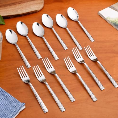 Image of Nestasia Stainless Steel Cutlery Set of 12 (18cm Each) - Dishwasher Safe & Rust Resistant Spoon & Fork Set - Embossed Cutlery Set for Dining Table, Kitchen & Gifting