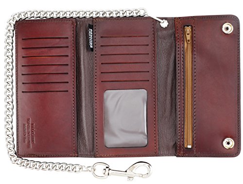 Men's Tri-fold Vintage Long Style Cow Top Grain Leather Steel Chain Wallet,Made In USA,Snap closure,ab339,Antique-brown3