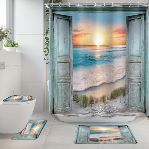 Riyidecor Beach Sea 4Pcs Bathroom Shower Curtain Sets Ocean Barn