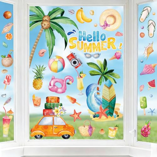 Summer Window Clings for Glass Windows - 49PCS Reusable Static Double-Sided PVC Window Decals Sun Beach Palm Tree Flamingo Surfboard Stickers for Home Bathroom Kitchen Party Summer Decorations