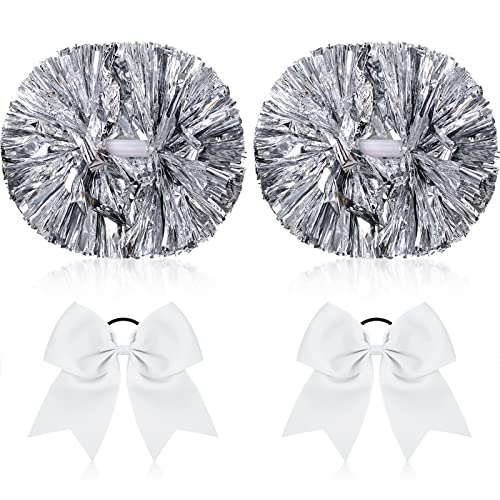 Canlierr 4 Pcs Cheerleading Pom Poms with Baton Handle and Cheerleader Hair Bows, 14 Inch Metallic Cheer Supplies for School Team Spirit Sports Dance Cheering(Silver, White)