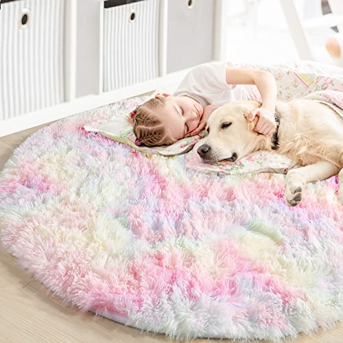 Rainbow Fluffy Fuzzy Rugs For Girls Bedroom 4Ft,Unicorn Room Decor,Pastel Round Area Rug For Kids, Shag Carpet For Nursery, Soft Play Mat For Baby, Living Room, Plush Rug For Playroom #TOP6