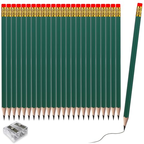 Adhere 25pcs Woodcase Pencils with Eraser Premium Pre-Sharpened Hexagon Graphite 2B pencils ideal for home, office writing including a Free Sharpener.(Dark Green)