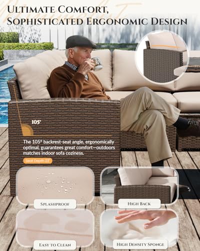 Image of U-MAX 7 Pieces Patio Furniture Set with Waterproof Cover, Outdoor Sectional Sofa Conversation Set, All Weather Wicker Rattan Dining Table & Chair with Ottoman, Brown Rattan&Khaki Cushion
