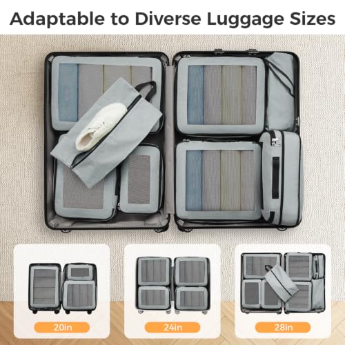 Image of BAGAIL Compression Packing Cubes for Travel Essentials, 8 Set-Gray | Tear‑Resistant Fabric, Space‑Saving, Visible Mesh Panel, Vibrant Color Choices, Travel, Camping & Cruise, Home Storage