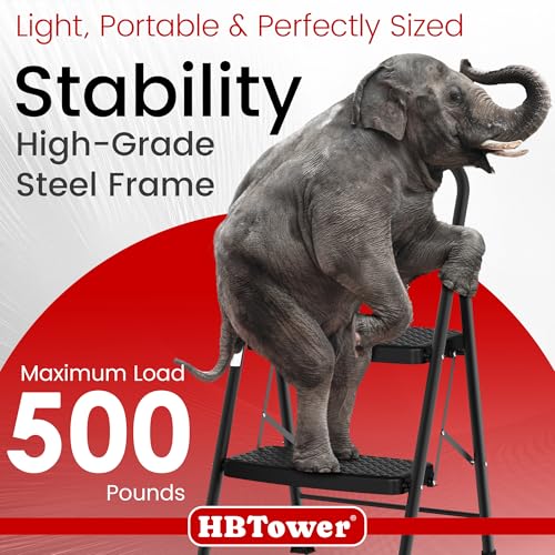 Image of HBtower Step Ladder Sturdy, Heavy Duty Step Stool for Adults | Wide Anti-Slip Pedal Step Ladder Folding Step Stool for Home Kitchen Garage Outdoor (2 Step Ladder)