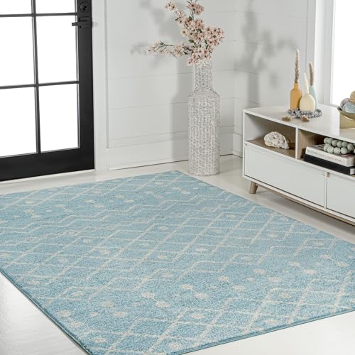 Image of JONATHAN Y Aksil Moroccan Beni Souk Turquoise /Cream Indoor Area Rug, 8x10, Bohemian, Scandinavian, Easy-Cleaning for Living Room, Bedroom, Kitchen, Pet Friendly, Non-Shedding (MOH208D-8)