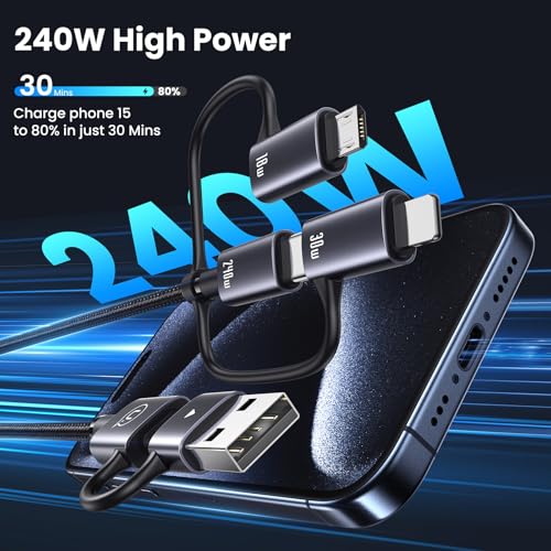 YOUSAMS 240W Multi Charging Cable, 4ft 6-in-1 USB C Cable Fast Charging Cords with USB-C/A Ports to IP/Type C/Micro Connectors for Pad/Cell Phones/Tablets/Laptop by YOUSAMS - Image 6