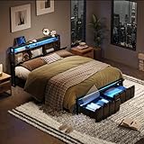 Bestier Queen Bed Frame with Hidden Storage Headboard, Black PU Leather Platform Bed with 2 Dustproof Drawers, 2 Tier Shelves with Charging Station, Dual LED Light, No Box Spring Needed, Easy Assembly