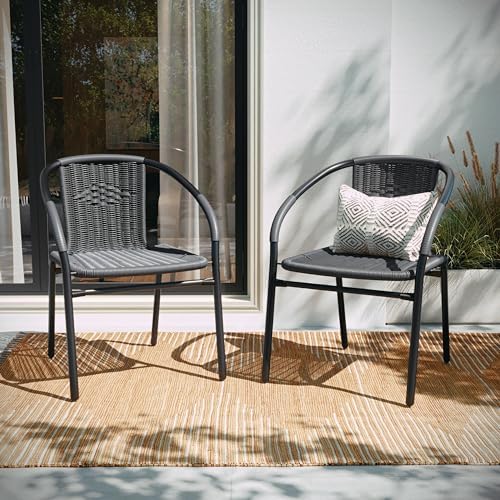EMMA + OLIVER Set of 2 Modern Rattan Indoor/Outdoor Stack Chairs, Stacking Rattan Patio Chairs with Curved Back and Cross Bracing, Gray
