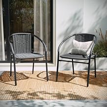 مجموعة من كرسيين عصريين من مادة PE Rattan Stack من EMMA + OLIVER، كراسي طعام داخلية/خارجية، لا تتطلب تجميعًا، رمادي