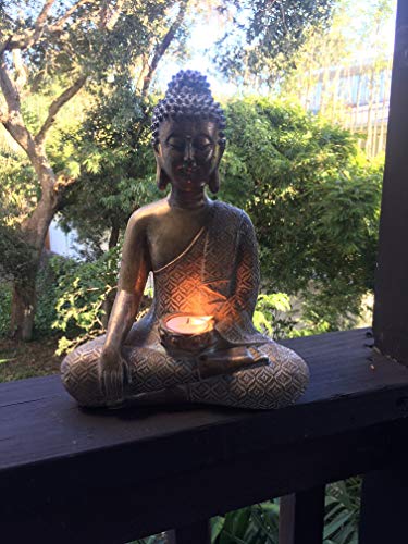 Buddha Statue Candle Tea Light Holder, 12" Tall Meditating Buddha With Patina Gold Finish #TOP4
