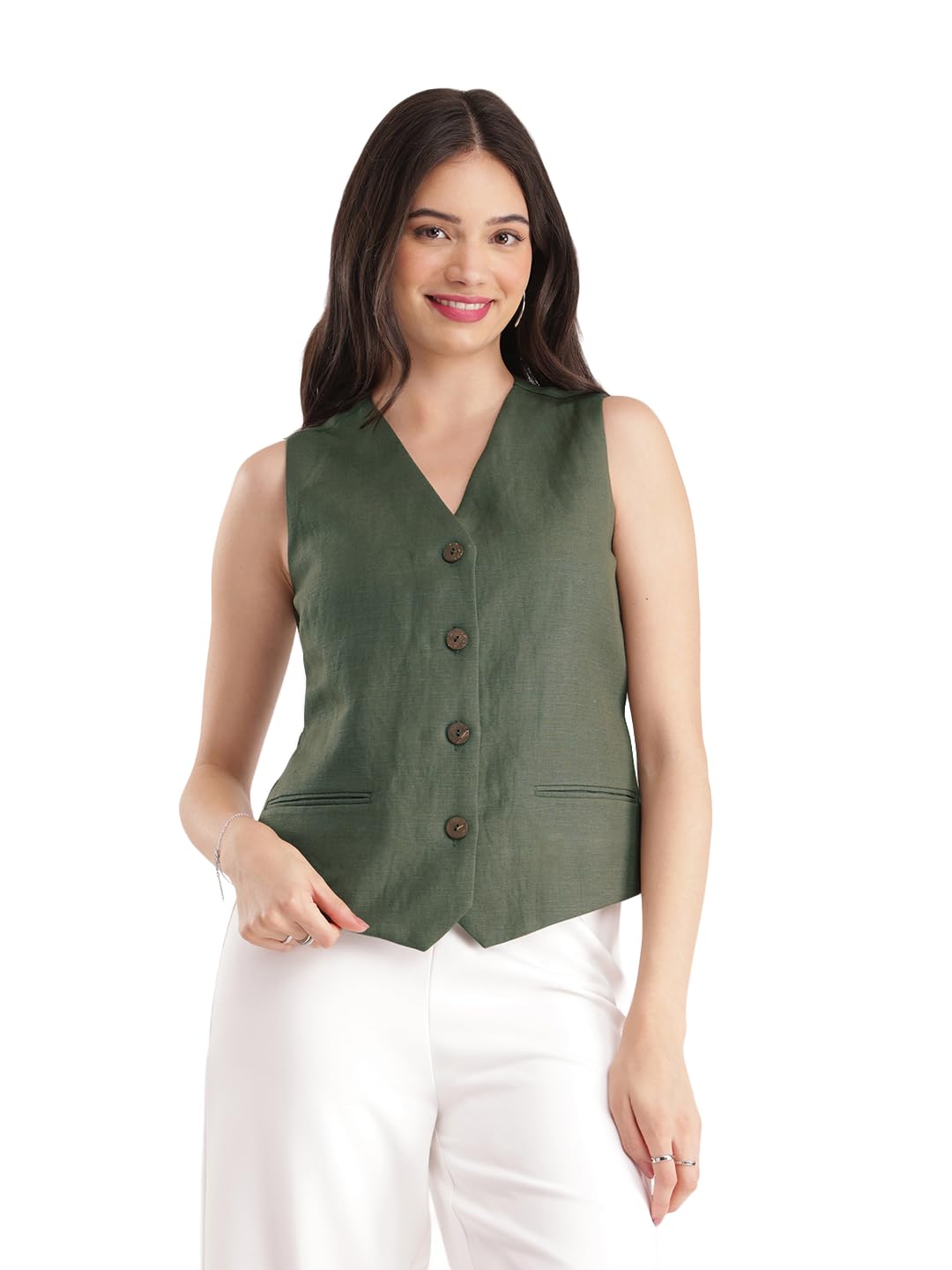 Women Formal Waistcoat | Relaxed Fit V-Neck Sleeveless | Breathable Cotton & Smooth Polyester Lining for Office Meetings & Workwear-image-9