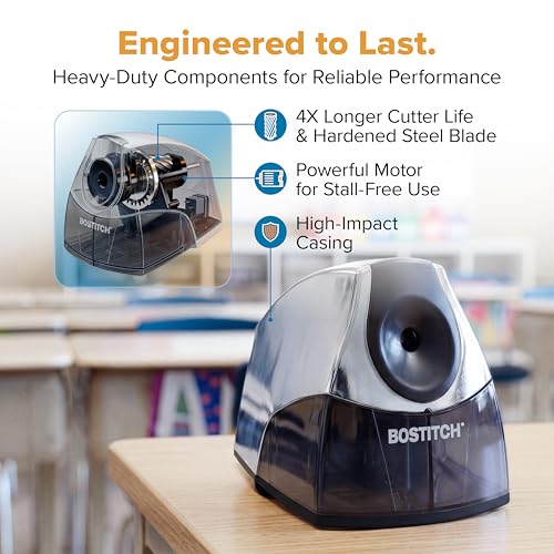 Image of Bostitch Office Electric Pencil Sharpener for Classroom & Desk Use, Heavy-Duty Stall-Free Motor, High-Capacity Shavings Tray, Chrome