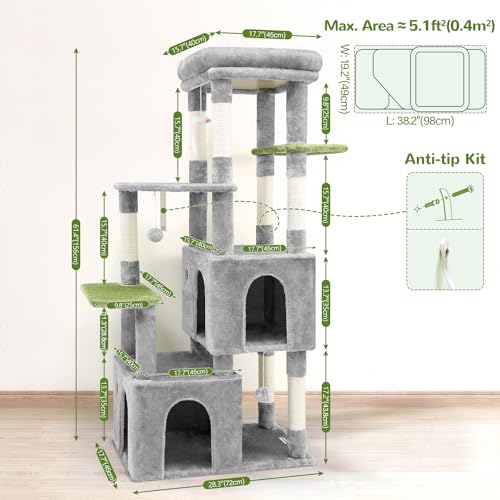Image of Globlazer Cat Tower for Indoor Cats, Heavy Duty Cat Trees for Large Cats Adult Big Cats Maine Coon Cat Tree Tower with Scratching Post, Extra Large Top Perch, Cat Condos, F61, Light Grey, 61inch