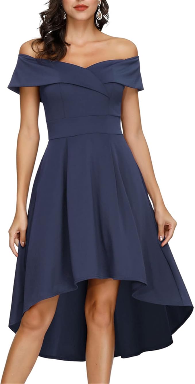 JASAMBAC Women's Off Shoulder High Low A Line Wedding Guest Party Cocktail Dress