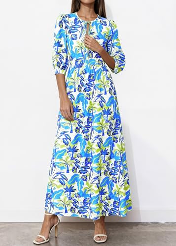 Image of KIRUNDO Maxi Dresses for Women 2026 3 /4 Sleeve Summer Dress | Spring Boho Floral, Drawstring Tie Neck, Loose Fit, Elastic Waist, Pockets, Wedding Guest, Beach Vacation Flowy Long Dress