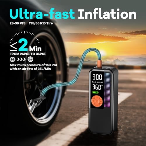 Image of Portable Tire Inflator Air Compressor, 150 PSI Cordless Air Pump, 6000mAh Battery & 12V Car Outlet, Digital Pressure Gauge, Auto Shut-Off, Fast 24L /Min, LED Light, 4 Preset Modes for Car, Bike, Balls