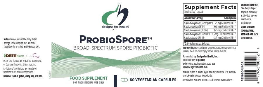 Designs for Health ProbioSpore - Powerful Spore Based Probiotic, Soil-Based Probiotics Supplement - Shelf Stable Gut + Immune Support, Non-GMO + Dairy Free (60 Capsules)