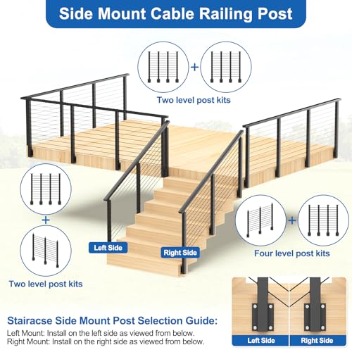 Image of 36 inch Right Side Mount Stair Cable Railing Post for 25-35 Degrees Stair, Stainless Steel Single Black Coated Fascia Mount Post for Cable Railing Kit, Indoor Outdoor Use, MY09-S