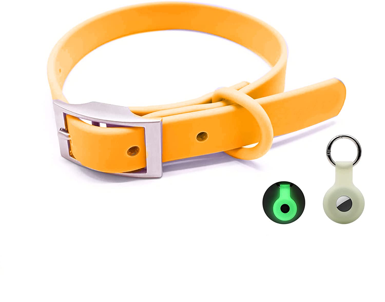 NEO+ Adjustable silicone collar for dog with glow in the dark Tracer/AirTag holder. Collar is made of soft rubber coated webbing. It is easy to clean. Fits large dogs