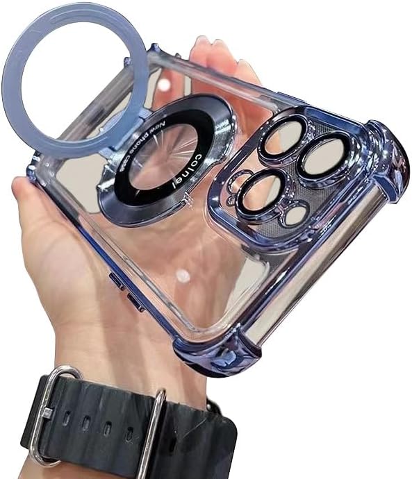 Piegricdiat Magnetic case for iPhone 15 Pro with Full Camera Lens Protection(Compatible with MagSafe),Military Shockproof Slim Electroplate Bumper Clear Cover Built-in Invisible Ring Stand, Blue