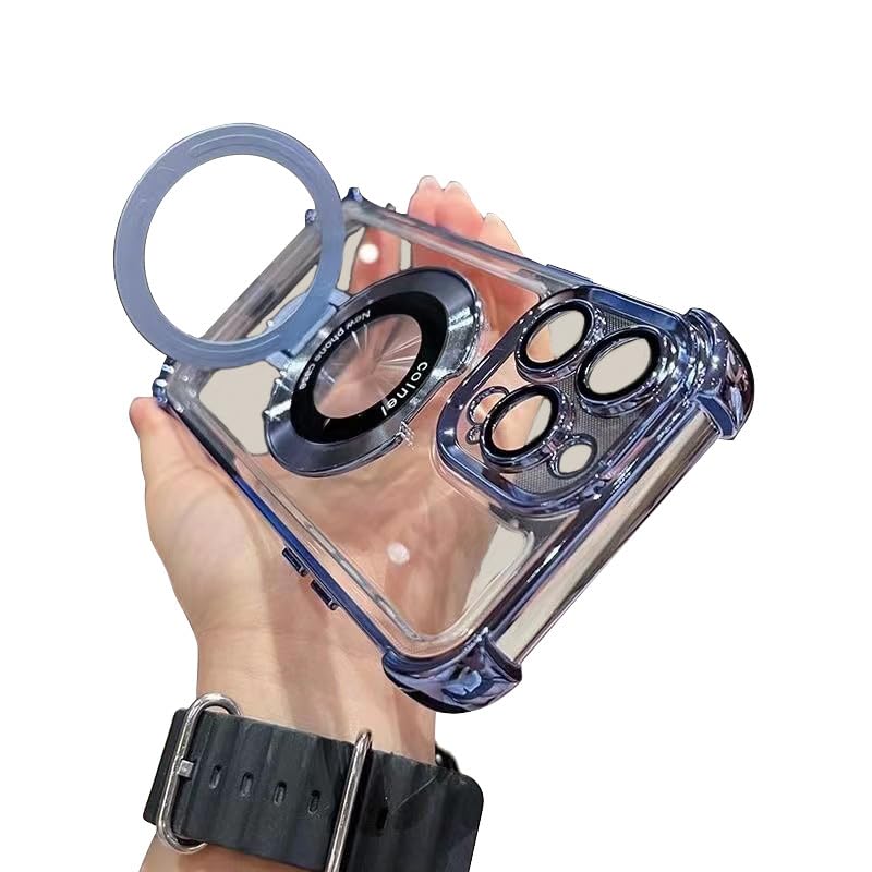 Piegricdiat Magnetic case for iPhone 12 pro Max with Full Camera Lens Protection(Compatible with MagSafe),Military Shockproof Slim Electroplate Bumper Clear Cover Built-in Invisible Ring Stand,Blue