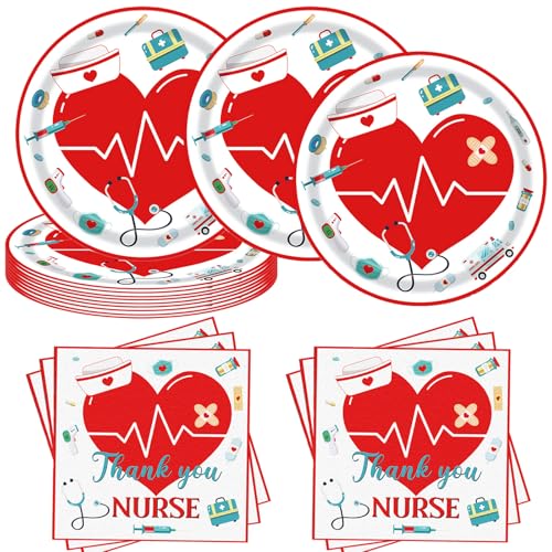 48Pcs Nurses Paper Plates and Napkins Supplies Set Thank You Nurse Graduation Disposable Tableware Party Supplies Congrats Grad Dessert Plates Napkins for Nurses Week Graduation Party Decorations