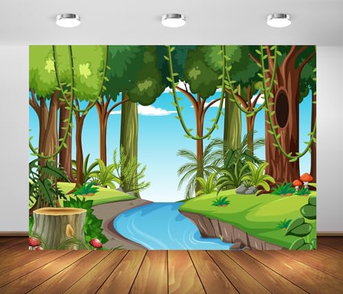 BELECO 5x3ft Fabric Cartoon Forest Backdrop Jungle Landscape Scene River Pond Rainforest Background Tropical Forest Party Decorations Banner Kids Children Photoshoot Studio Booth Props