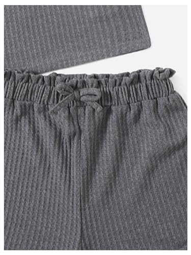 Image of RoseSeek Girl's 2 Piece Outfits Waffle Knit Scoop Neck Button Down Crop Tank Tops Paperbag Waist Track Shorts
