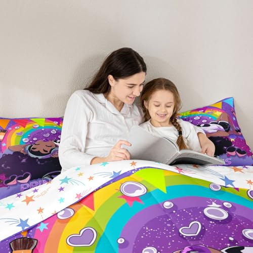 Image of Erosebridal Black Girls Comforter Set Magical African American Queen Bedding Set Rainbow Afro Pretty Girls Comforter Love Music Purple Girl Duvet Insert for Teens Kids Princess Cute Room Decor