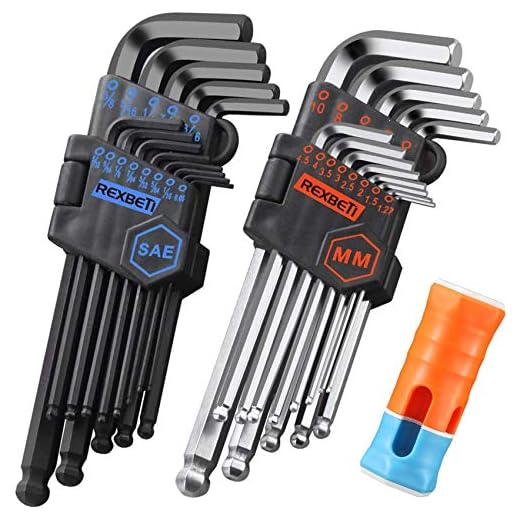 REXBETI Hex Key Allen Wrench Set, SAE Metric Long Arm Ball End Hex Key Set Tools, Industrial Grade Allen Wrench Set, Bonus Free Strength Helping T-Handle, S2 Steel (27 Pieces)