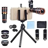 Lentes para móviles APEXEL 4-en-1 Clip-On lente Kit, 12X lente del telescopio,198 grados lente Fisheye + 0.63x gran angular y 15X Micro lente con mini trípode para iPhone Samsung y otro teléfono intel