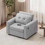 Luxstein Sofá cama 3 en 1 con USB y tipo C, sofá individual plegable con cojín suave, bolsillos de almacenamiento y respaldo ajustable, tela de lino, 84 x 190 cm, gris claro