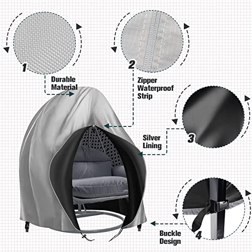 Patio Hanging Chair Cover Outdoor Double Swing Egg Chair Cover Waterproof Durable Lightweight Wicker Furniture Dust Protector 91" X 80" (Grey) #TOP2