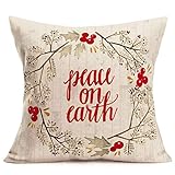 Doitely Blessing Quote Throw Pillow Covers Peace On Earth with Holly Plant Wreath Holiday Couch Pillow Cases Retro Wood Grain Design Home Decor Cotton Linen 18 x 18 Inches